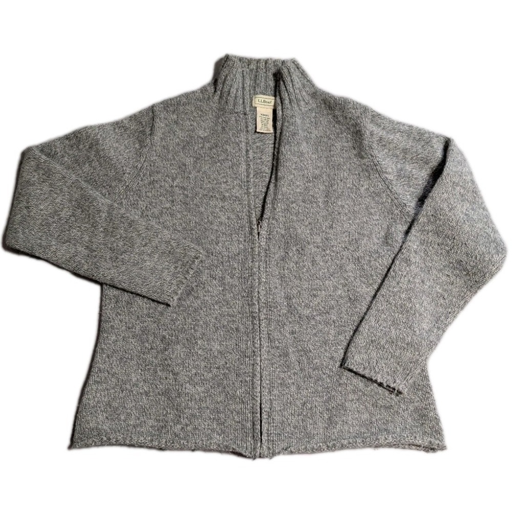 LL Bean Wool Angora Sweater Womens Gray Full Zip Mock Neck Cropped